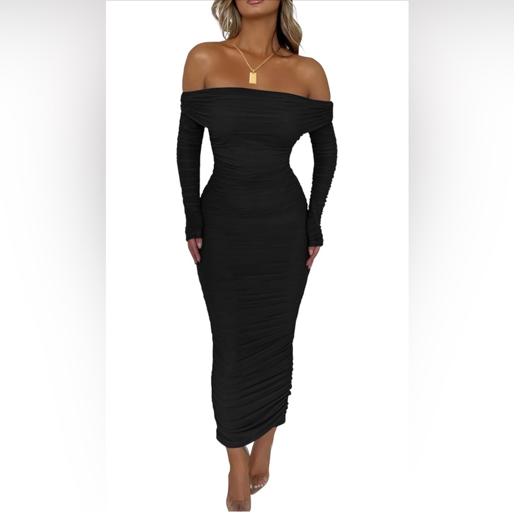 PRETTYGARDEN Fall Off Shoulder Maxi Bodycon Dress Long Sleeve Ruched dress